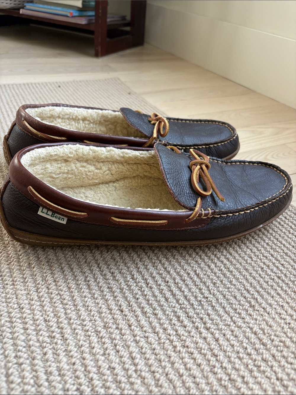 L.L. Bean Men's Brown Leather Double-Sole Slippers, Shearling-Lined size 12